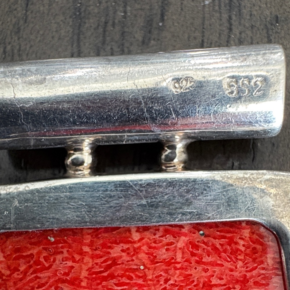 Sterling Silver Red Coral Rectangular Pendant Ant… - image 2